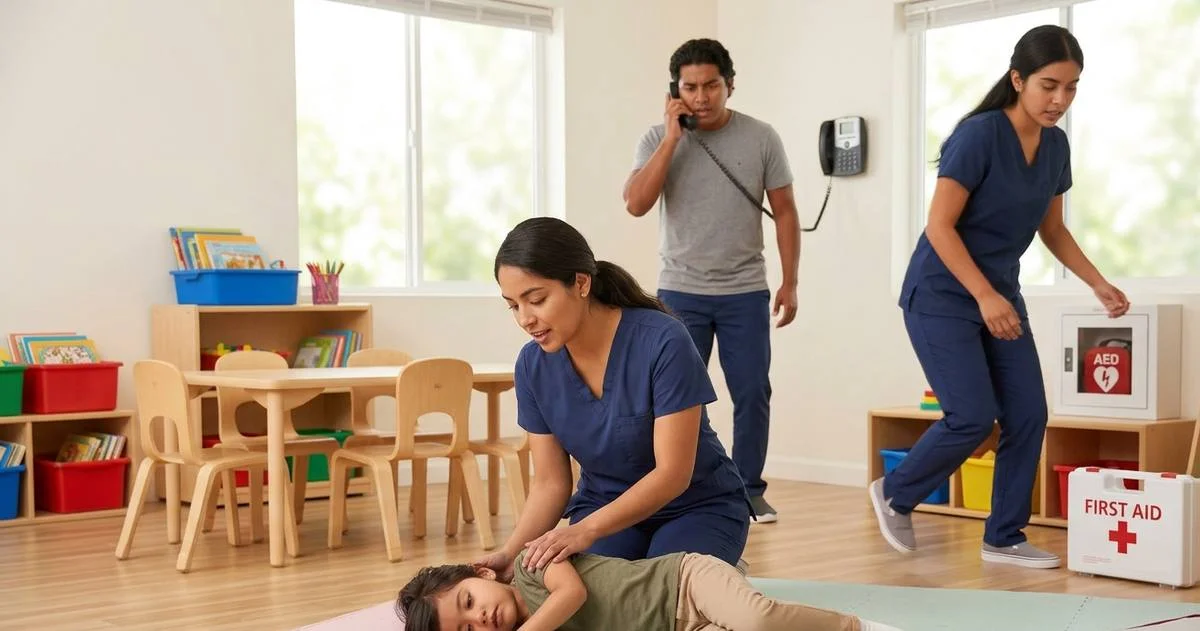 Daycare staff respond to a child while another brings the AED