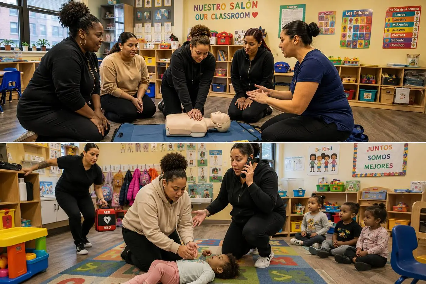 Daycare staff practicing CPR and infant CPR
