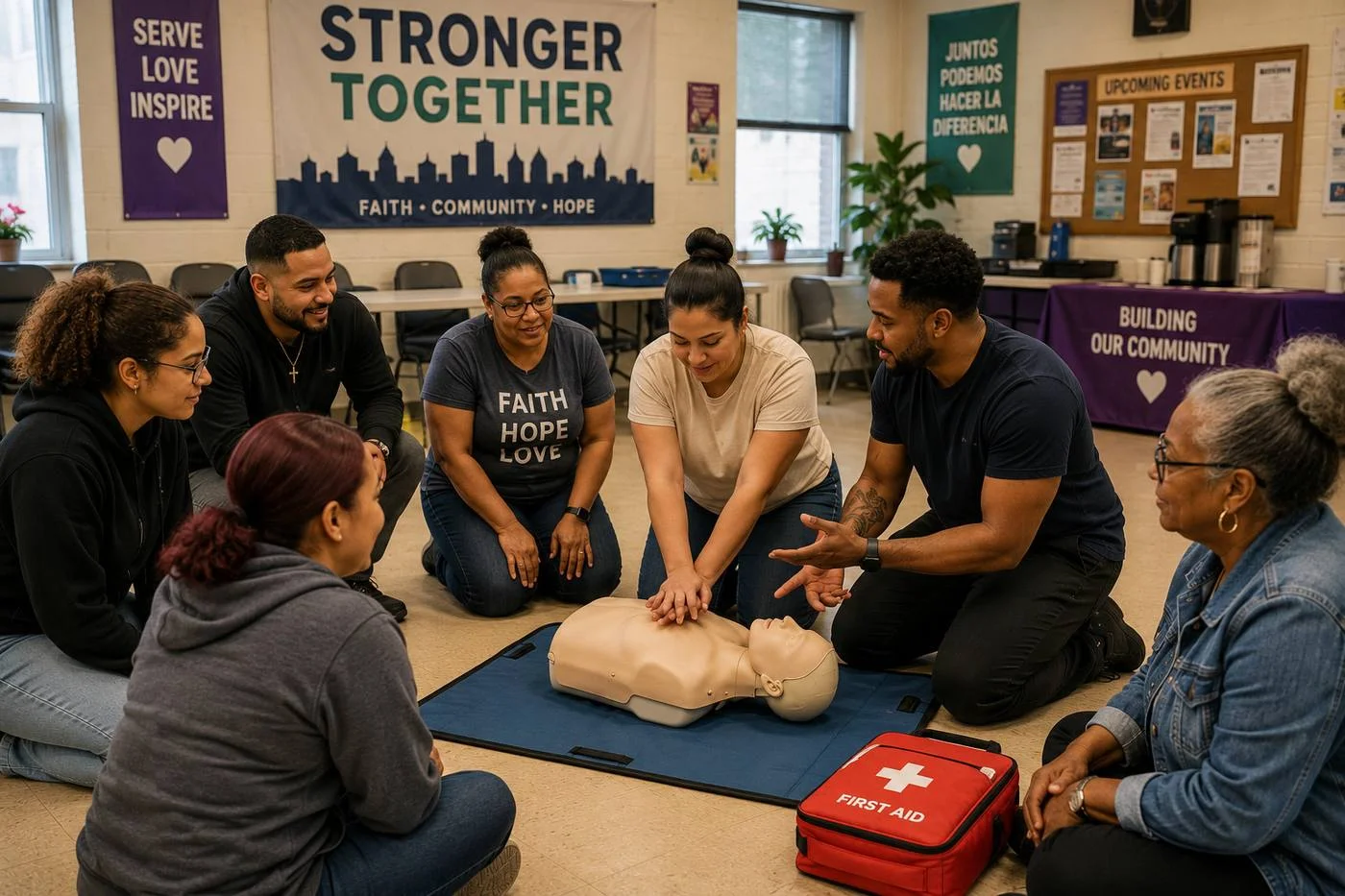 A faith-community group learning hands-on CPR