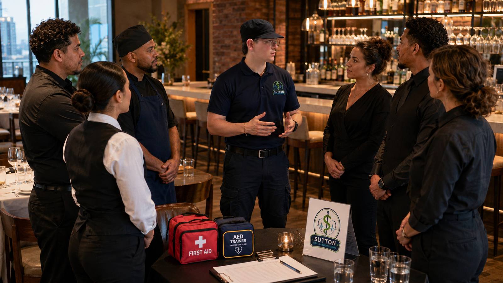 Restaurant staff learning emergency response in a Sutton training