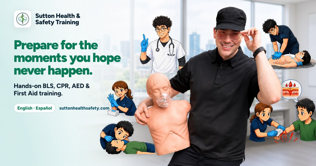 Thomas Sutton holding a CPR manikin, surrounded by illustrated lifesaving skills